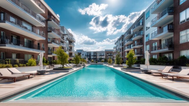 Modern residential apartment building complex with outdoor swimming pool. Luxury condominium terrace area for leisure and relaxation. Urban housing architecture with sun lounger and tree.