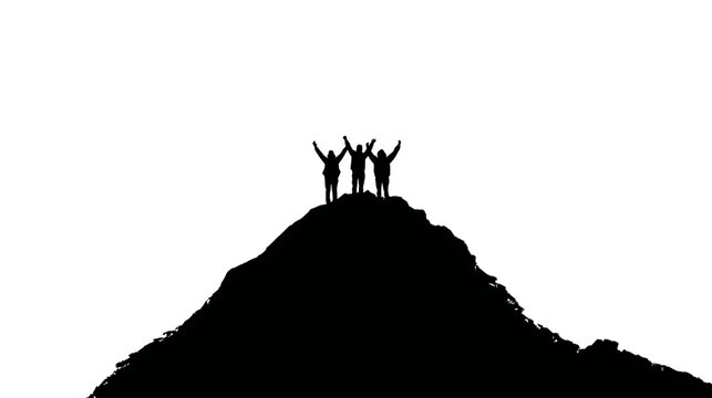 Silhouettes of three triumphant people with arms raised, celebrating success and achievement on a mountain peak against a white sky.