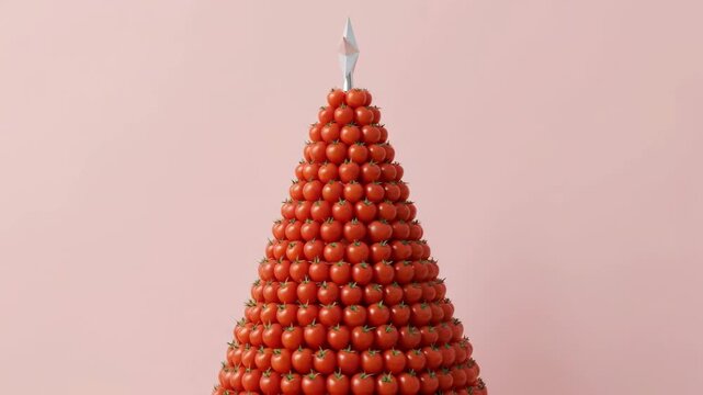 Close up of a Cherry Tomato Christmas Tree with Silver Star on Pink Background