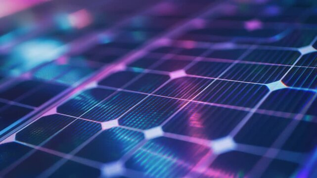 Solar Panel in Futuristic Ambiance: A close-up view of solar panels, illuminated with vibrant colors, epitomizing clean energy and futuristic technology.  Generative AI.