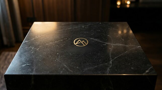 A close-up shot of a black marble table with a gold logo on a wooden floor in a dark room