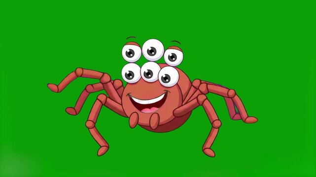 A cheerful 2D vector animated red spider character featuring five big eyes dances joyfully. This loopable cartoon creature is isolated against a bright green screen backdrop.