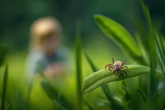 Dangerous tick waiting on a blade of grass with a child in the background.