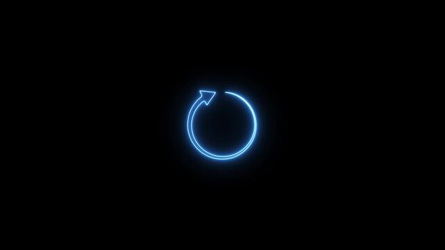 Motion graphic animation of neon arrow is turning around. Refresh button, circle arrow repeat, Reload icon 3d animation. Neon refresh icon Glowing neon line Refresh icon isolated on black background.