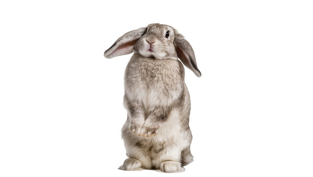 Fluffy grey lop-eared rabbit standing upright, isolated on transparent background