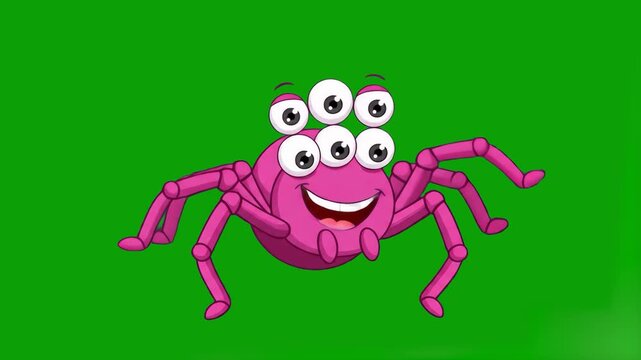 A friendly 2D cartoon multi-eyed pink monster or spider character smiling cheerfully and standing in place against a chroma key green background. Perfect for children's educational content, animated g