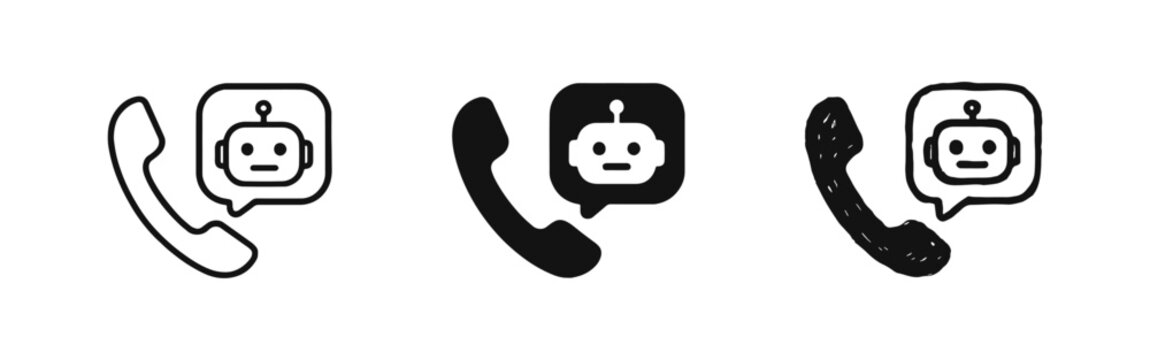Chatbot call icon set. AI customer service and automated phone support symbols in outline, solid, and hand-drawn styles.