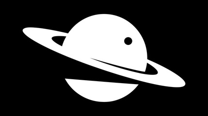 Fototapeta premium Minimalist White Planet with Rings Icon on Black Background - Stylized Celestial Body Symbolizing Space, Astronomy, and the Universe