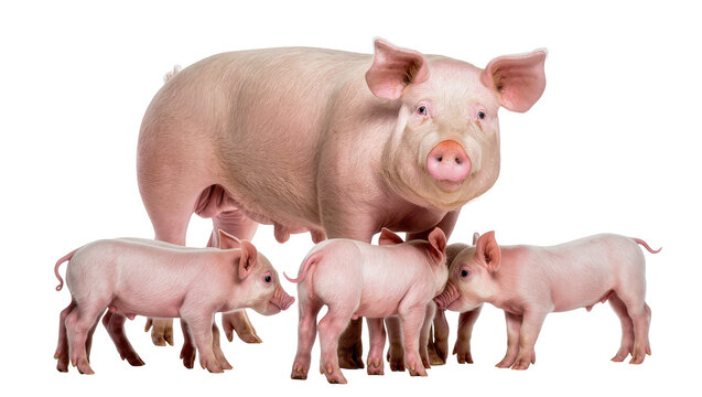 Adult pig with three piglets, isolated on transparent background