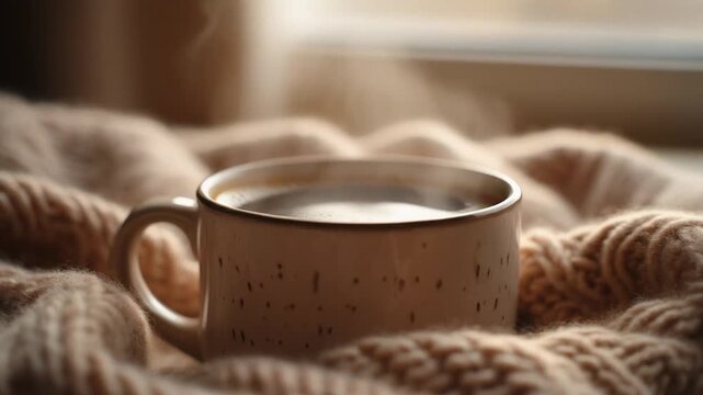 Warm Brew: A cozy moment with a steaming mug, offering warmth and comfort. Evoking a sense of serenity and the simple pleasures of life. Generative AI.