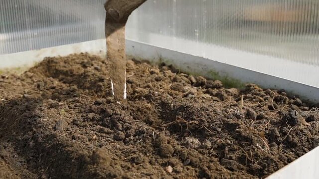 Making seed furrow with hoe on garden bed in greenhouse close-up slow motion