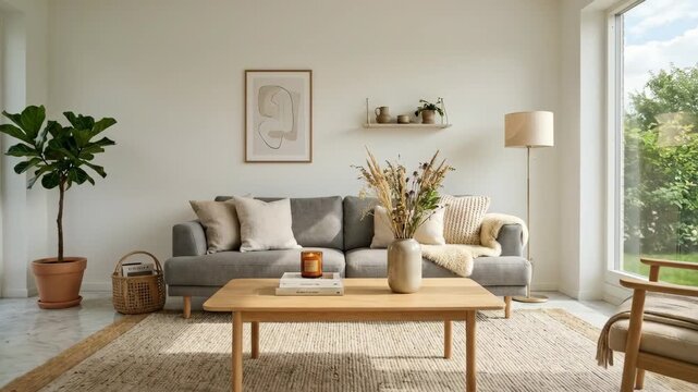 A bright living room with a large white wall is illuminated by warm sunlight, soft furnishings and marble flooring creating a clean and cozy Scandinavian-inspired interior, photorealistic, cinematic