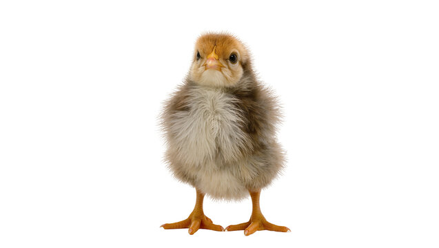 Fluffy brown and yellow chick standing, isolated on transparent background