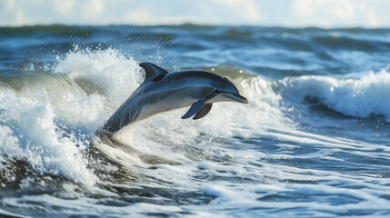 Fototapeta premium Dolphin Leaping Gracefully Over Foaming Ocean Waves at Sunset 