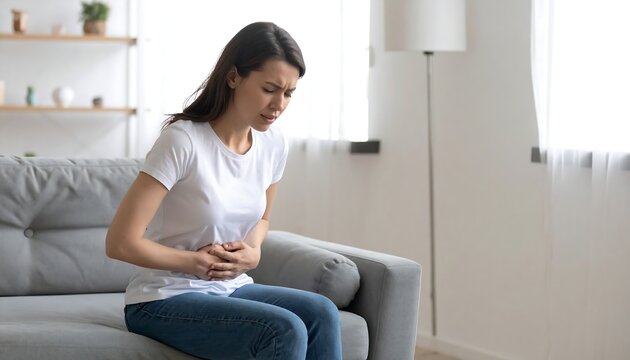 Woman on sofa with stomach pain, clutching her abdomen