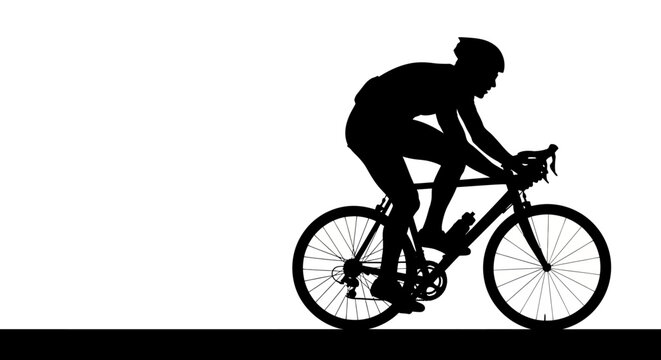 Silhouette of a cyclist on a road bike, racing with determination against a white background.
