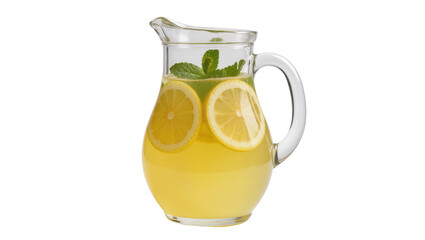 Glass pitcher filled with yellow lemonade lemon slices and mint leaves, isolated on transparent background © Lukas