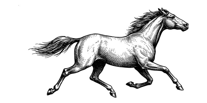 Vintage engraved horse illustration detailed hand drawn line art black and white style