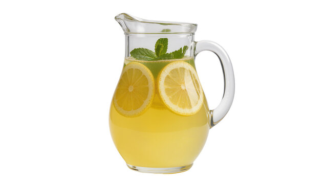 Glass pitcher filled with yellow lemonade lemon slices and mint leaves, isolated on transparent background