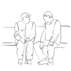 Fototapeta premium One continuous line drawing on white isolated background. Minimalism linear illustration. man, person, senior, old, friends, bench, elderly, sitting, adult, retirement