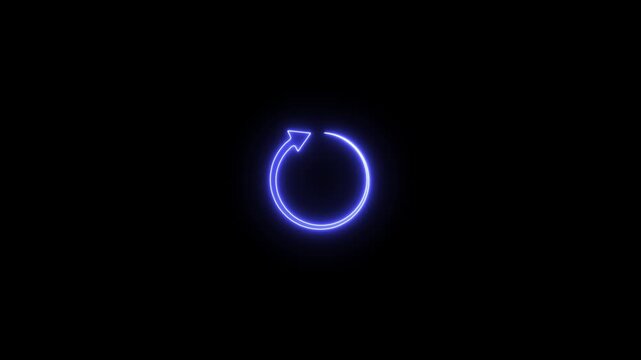 Motion graphic animation of neon arrow is turning around. Refresh button, circle arrow repeat, Reload icon 3d animation. Neon refresh icon Glowing neon line Refresh icon isolated on black background.