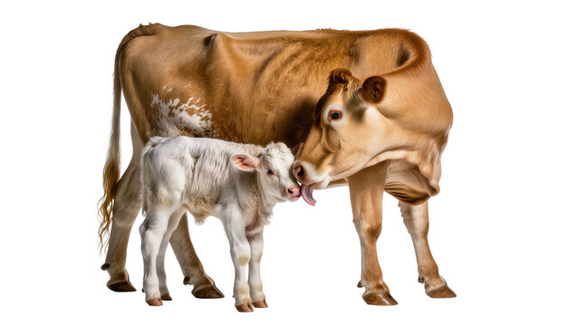 Brown cow nuzzling white calf, isolated on transparent background