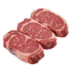 Fototapeta premium Three raw ribeye steaks with marbling isolated on a transparent background