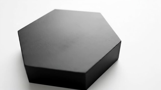 A perfectly formed black hexagon placed on a seamless white background, crisp geometric symmetry with clean edges and subtle shadow beneath, minimal modern composition emphasizing structure and