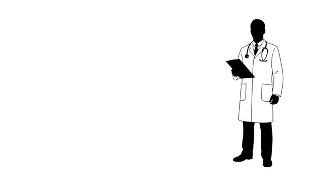 Silhouette of a doctor in a lab coat holding a clipboard, isolated on white background