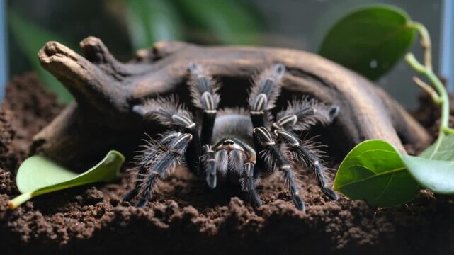 Close-up of a hairy tarantula spider in its natural terrarium habitat, macro shot