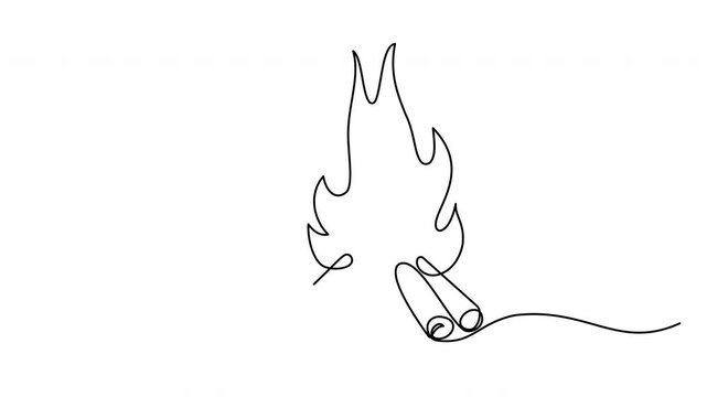 Continuous line drawing campfire animation. Linear burning fire flame with woods animated video. 4k