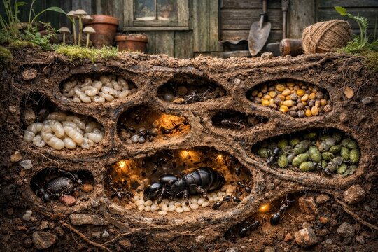 Underground Ant Colony Nest Revealed &ndash; Detailed Soil Structure With Larvae, Food Stores & Worker Bees Under Natural Light