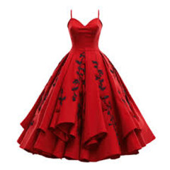 Elegant red ball gown with floral embroidery on mannequin isolated white background © Fariha