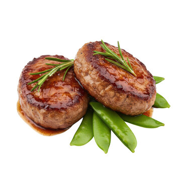 Two grilled meat patties with rosemary and snap peas isolated on a transparent background