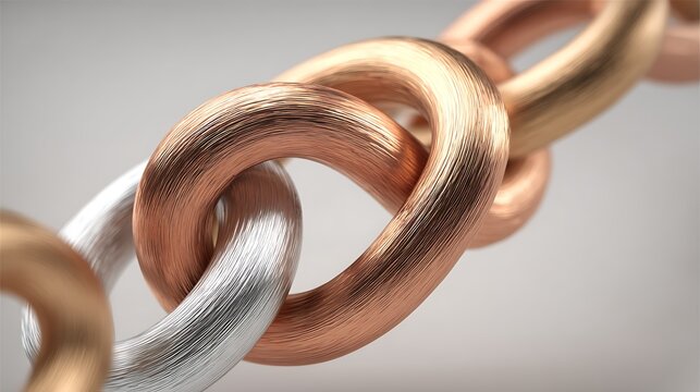 Macro view of interlocking copper and silver metal chain links representing strength connection unity and industrial manufacturing durability and precision