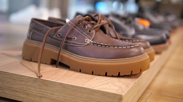 Trendy brown leather boat shoes with chunky platform soles on a boutique wooden shelf. Perfect for fashion commercials, retail shopping content, and modern footwear trends. High-quality macro shot in
