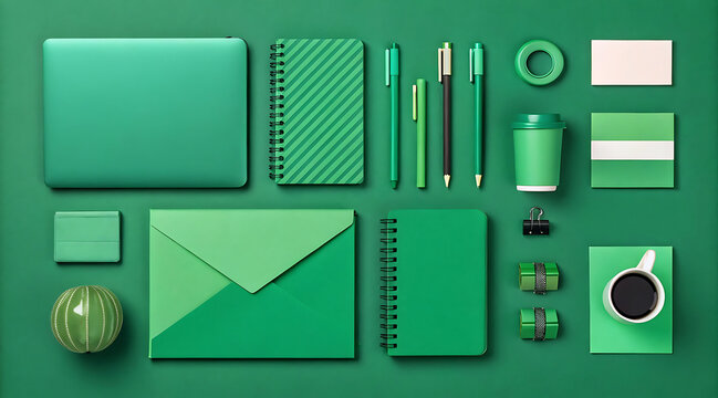 Monochrome green creative workspace flat lay with laptop notebook pens cup envelope and coffee