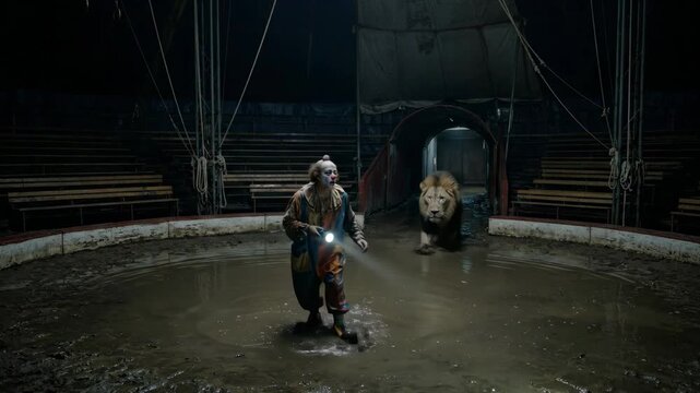 Clown standing in muddy ring of a dark, abandoned circus tent, holding a flashlight while a lion eerily emerges from a tunnel, symbolizing fear and danger
