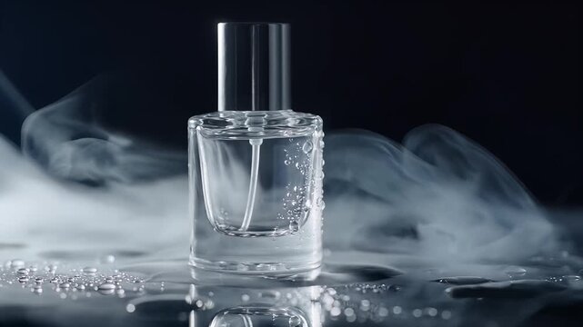 Perfume bottle on wet surface with smoke.