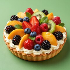 Obraz premium Fresh Fruit Tart with Cream and Assorted Berries on Green Background
