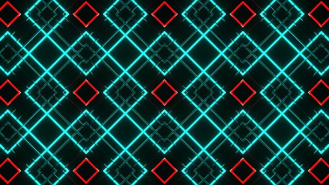 Turquoise and Red Square Frames Neon Geometric LED Pattern Background VJ Loop in 4K