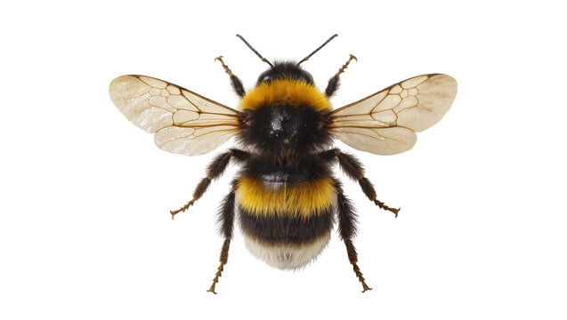 Fuzzy bumblebee with black and yellow stripes wings spread, isolated on transparent background