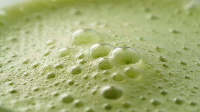 Detailed view of the frothy green surface of a pistachio milk beverage with visible bubbles