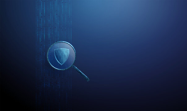 3d data stream under magnifying glass with blue shield inside. AI security analysis, data protection inspection, cybersecurity monitoring, threat detection concept.