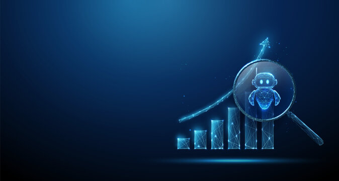 Rising growth chart under magnifying glass with robot inside. AI-driven analytics, business intelligence, predictive analysis, machine learning evaluation concept