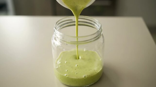 Pouring creamy pistachio milk into a clear glass jar on a light counter creating a delicious green drink