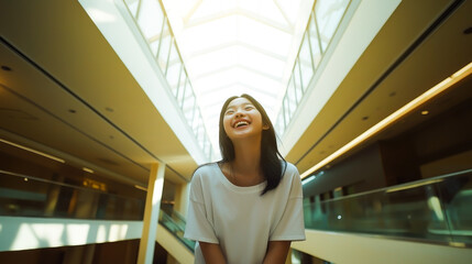 Fototapeta premium Happy Young Asian Woman Smiling in Modern Architectural Shopping Mall Interior