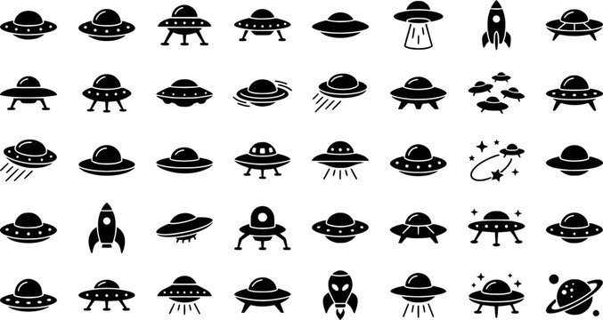 Minimalist ufo icons: nine unique black line designs against grey background
