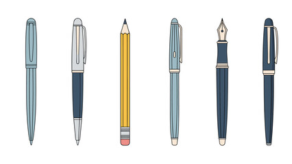 Fototapeta premium Colorful collection of various pens and a pencil, rendered with a friendly, hand-drawn aesthetic, ideal for stationery and creative themes.