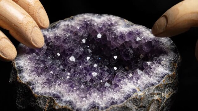 Wooden hands gently revealing an amethyst geode, symbolizing spiritual connection, healing energy, and the therapeutic properties of natural crystals on a dark background